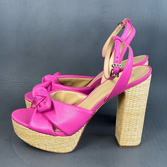 Womens Michael Kors Sadie Hot Pink Bow Heels Ankle Strap Leather sandals size 9 - Picture 1 of 9
